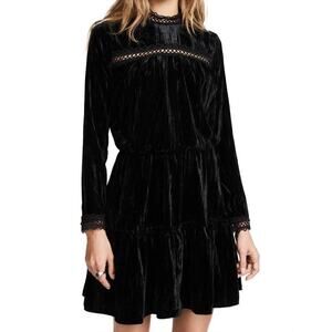 Shoshanna Primrose Velvet Dress Jet Black Long Sleeves Mock Neck Crochet Trim, 6